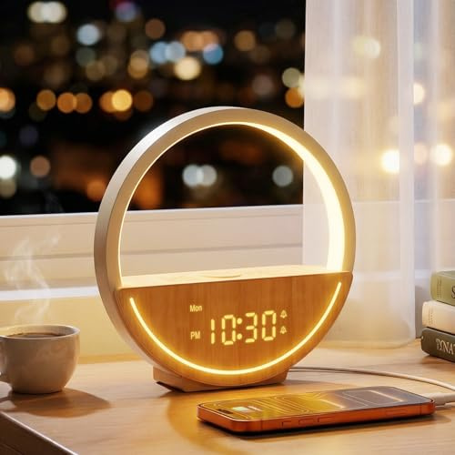 RETEYUNG Sunrise Alarm Clock Bedside Lamp - Touch Control Night Light with 20 Natural White Noise Sounds, Dual Alarms for Weekdays/Weekends, USB Charging, Wake-Up Light for Heavy Sleepers