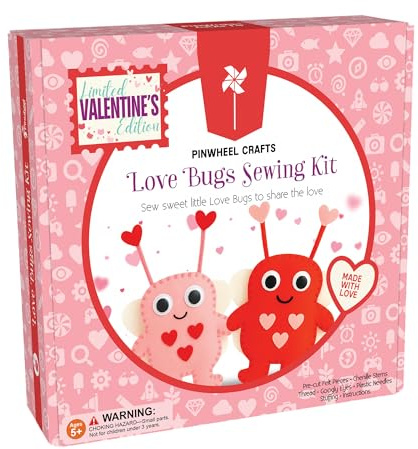 Valentine Gift for Kids, Love Bugs Kids Sewing Kit - Make & Gift Felt Plush Craft, Sew 2 Stuffed Love Bugs (Red & Pink), Precut Felt, Needle, Thread, Polyfill, Googly Eyes, Gift Cards, Ages 5+