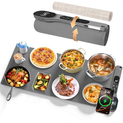 Neue Warmhaltematte für Speisen mit Kabelloser Ladefunktion, 7 Einstellbare Temperaturen & 8 Stunden Timer 34×15 Zoll Rollbarer lebensmittelechte Silikon Warmhalteplatte für Partys, Buffets(grau)