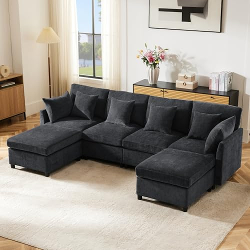 Yihomfy Canapé d'angle Convertible, 278 cm canapé modulable 4 Places avec Pouf et Coussins Amovibles, Grand canapé en Forme de U, revêtu de Tissu Chenille, idéal pour Salon et Appartement, Gris foncé