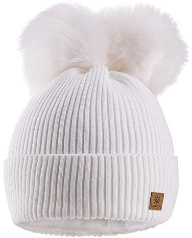MFAZ Morefaz Ltd Damen Winter Beanie Strickmütze Mütze Doppelt Bommel Pom Pom Wurm SKI Mütze (White)