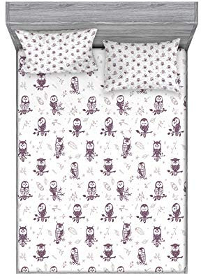 ABAKUHAUS Eule Buntes Spannbetttuch- und Kissen-Set, Eulen auf dem AST, Dekoratives und Bedrucktes 3-teiliges Bettwäscheset, 135 cm x 190 cm, Auberginen-Weiß
