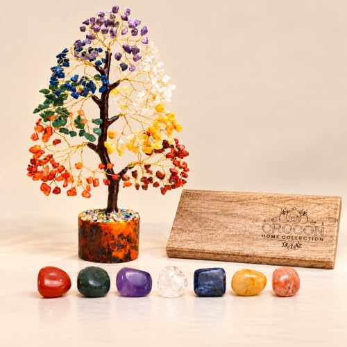 Crocon® 7 Chakra Tree of Life with 7 Tumbles with Wooden Tray for birthday | Premium 7 Chakra gemstone tree with handcrafted finish for shelves, office desks and table décor, memorable gift