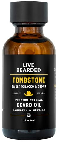 Live Bearded Beard Oil, 1 fl oz - Premium All-Natural Jojoba - Made in the USA - Hair and Skin Care for Men with Dry, Flaky Patches | Tombstone Scent - Sweet Tobacco, Cedar