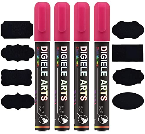 DIGIELE kritpenna rosa, 4 stycken rosa kritpennor 6 mm + 16 tavlor, vändbar, tunn eller medelspets, torr eller fuktig avtorkbar flytande krita för whiteboard, tavlor, fönster och glas