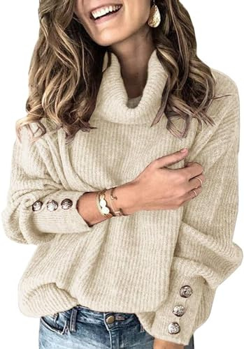 Wenrine Pull à col roulé pour femme - Manches longues - Décontracté - Chaud - Tricoté avec boutons en métal