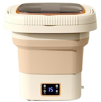 Bärbar mini hopfällbar tvättmaskin, 9 L sovsal liten automatisk tvätt och skalning integrerad tvättmaskin, underkläder eller små föremål, lägenhet, sovsal, camping, husvagn resetvätt (krämfärgad)