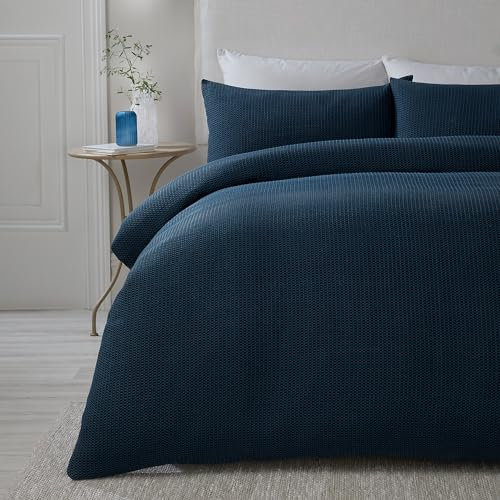 Serene Navy Blue Waffle Duvet Cover Double (200x200cm) – Soft Touch Textured Bedding Set – Grid Pattern Puckered Design – Includes 2 Pillowcases – Lindly Collection – Luxury Dark Blue Bed Linen