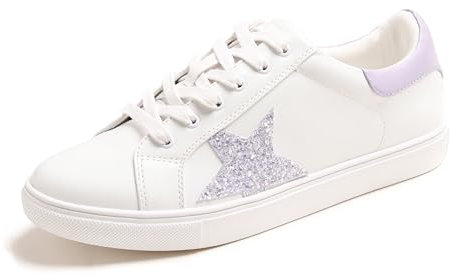 Feversole Women's Featured PU Leather Lace-Up Sneaker,Damen Sneaker Atmungsaktiv Turnschuhe Leicht Laufschuhe Sportschuhe Freizeitschuhe Klassisch Weißer Glitzer Flieder Stern EU38.5