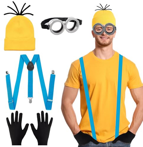 4 Pcs Adults Cosplay Costume Accessories with Yellow Beanie Knit Hat Black Gloves Grey Steampunk Goggles Glasses Blue Shoulder Strap for Halloween Cosplay Party World Book Day Dress up Outfits