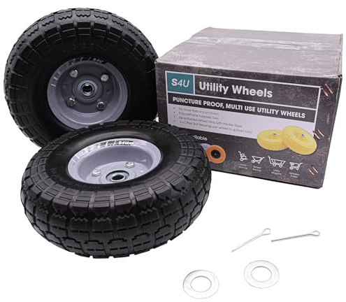 S4U 2x10” Sack Barrow Hand Truck Trolley Cart Wheelbarrow Solid Wheel 3.5-4 PU Heavy Duty Puncture Proof 16mm Bearing Wheel Nylon locking nuts (Black)