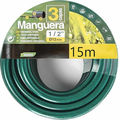 TECHZOCO Manguera de jardín, Manguera de agua elástica y flexible, Fabricada en tela cruzada de poliéster, presión de rotura de 20 bar, 3 Capas, Diámetro 1/2 (12 mm), Verde, Longitud de 15 Metros