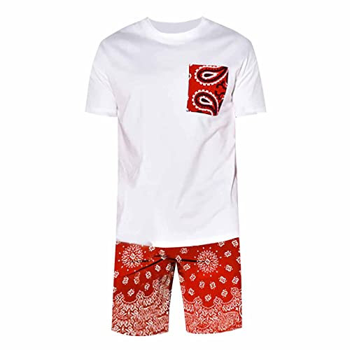 Herren-Freizeitanzug, Cashew-Blumendruck, kurzärmelig, Shorts, zwei Herren-Chap-Anzüge, rot, 3XL