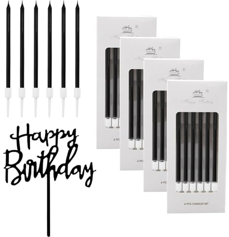 Anseom 24 candele di compleanno nere per torte, decorazioni lunghe e sottili, candele per torta di buon compleanno, per ragazze, ragazzi, uomini, donne, decorazione per feste e matrimoni, 10 cm