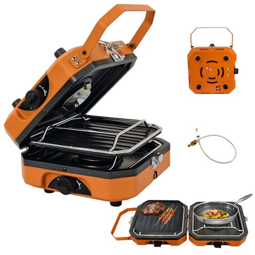 2-in-1 Gas Camping Stove with Grill Plate, Foldable Double-Fire Folding Gas Stove with 4.6 kW Adjustable Burners & Piezo Ignition for Camping & Hiking