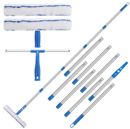 10Ft(3m) Window Cleaning Equipment,Window Cleaning Kit,Window Squeegee Cleaner Tool with Long Handle,Glass Cleaning Tools with Silicon Squeegee&Microfiber Scrubber for Shower Window Mirror Car