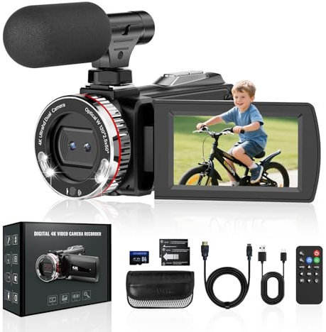 Videokamera 4K Camcorder 48MP 60FPS Vlogging Kamera für YouTube 3.0'' 270°Drehbarer Screen, 21X Digital Zoom Video Kamera mit 64 GB SD-Karte, 2 Batterien, Externem Mikrofon