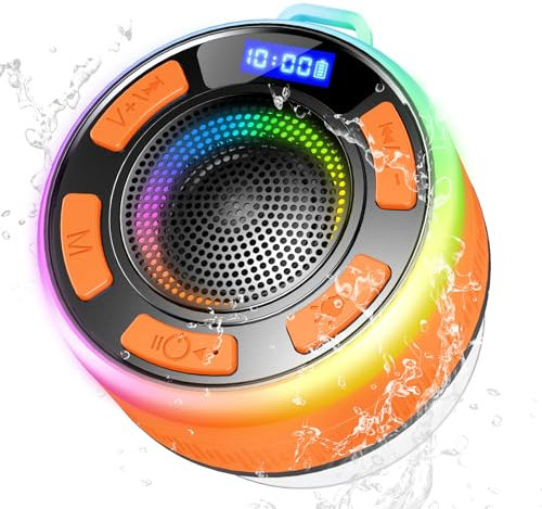 PRSCFUM Bluetooth Shower Speaker, Portable Wireless Speaker IP7 Waterproof, 360° Surround Sound, Built-in Mic, LED Light, Bathroom Speaker with Suction Cup for Bathroom, Party, Outdoor, Travel