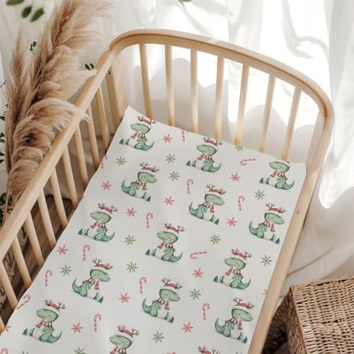 Cute Christmas Dinosaurs Santa Hat Baby Crib Sheet for Boys & Girls 28x52 Inch Dino Candy Snowflakes Red Green Fitted Crib Sheet Fits Standard Cribs and Toddler Winter Holiday Mattresses