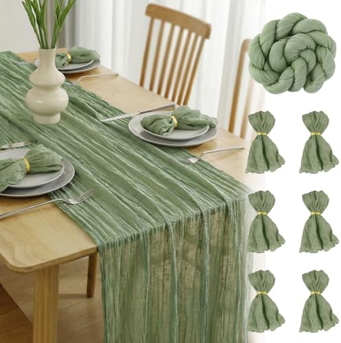 FALSKT Camino de Mesa Verde Salvia 300×90cm y 6 Servilletas con Anillos, Caminos de Mesa de Gasa Bohemia tapete Mesa Verde Salvia Camino Mesa decoración para Interiores Bodas Fiestas cumpleaños