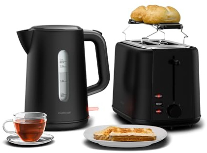 Klarstein Velaire Toaster Wasserkocher Set – 2 Scheiben Toaster mit 7 Bräunungsstufen, Brötchenaufsatz, Krümelfach, 1,7L Wasserkocher mit Kalkfilter, Frühstücksset