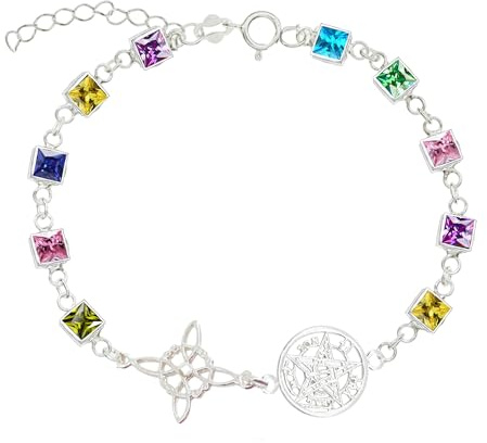 NUDO DE BRUJA Y TETRAGRÁMATON Pulsera Plata ley de doble Protección, Plata ley 925, Circonitas Cuadradas, Piedras semipreciosas Multicolor o Transparente (Multicolor)