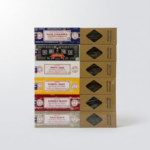 Satya Incense Sticks, 6 Premium Scents Pack, Nagchampa, Super Hit, Divine Essence, Mystic Wood, Positive Vibes, White Sage (Pack of 6, Smudge Mix)