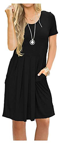 AUSELILY Ladies Summer Short Sleeve Pleated Loose Swing Casual Dress with Pockets Knee Length Black2 XL