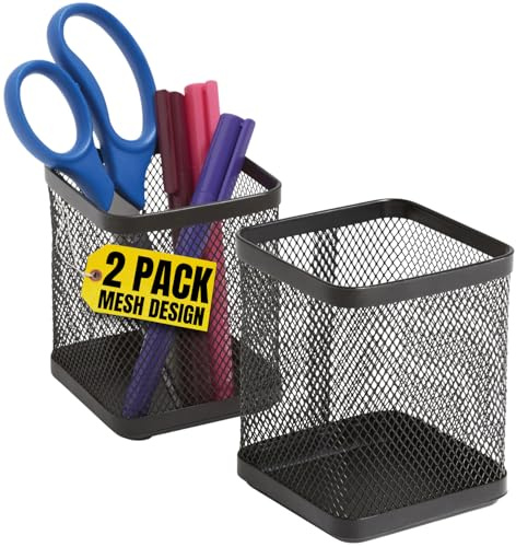 1InTheOffice Pen Cup Holder, Metal Mesh Pencil Cup Holder, Stackable Wire Mesh Regular Pencil Holder, Matte Black 2 Pack