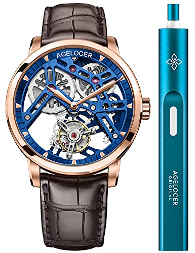 Agelocer Herrenuhr, Top-Marke, luxuriös, doppelseitig, hohl, transparenter Gehäuseboden, Tourbillon, handbetriebene mechanische Armbanduhr (YA: 9004D2), Blau, Armband