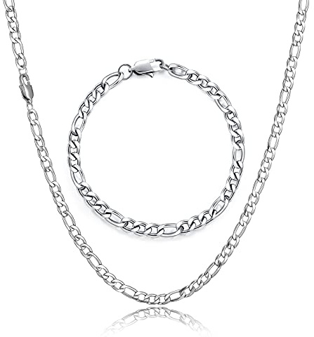 HSWYFCJY Figaro Chaîne Collier et Bracelet pour Femme Homme Argent Acier Inoxydable Chaîne Figaro 1+3 Bijoux Cadeau(61cm)