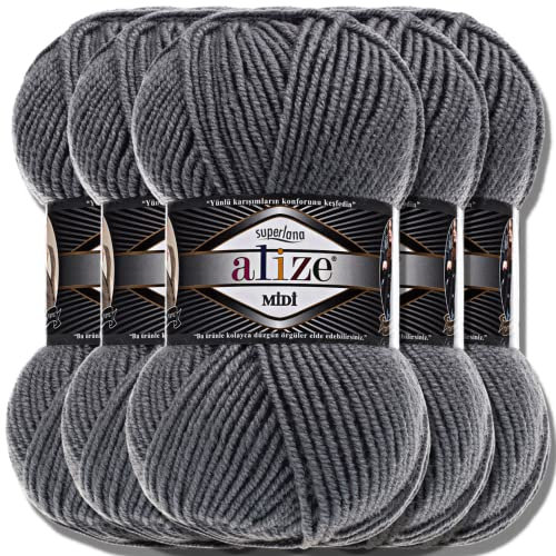 Alize 5 x 100g Superlana Midi Türkische Premium Wolle Baumwolle und Acryl Uni Handstrickgarne | Yarn | Garn | Strickgarn Einfarbig Baby zum Häkeln Stricken Kleidung Schals (Coal Grey | 87)