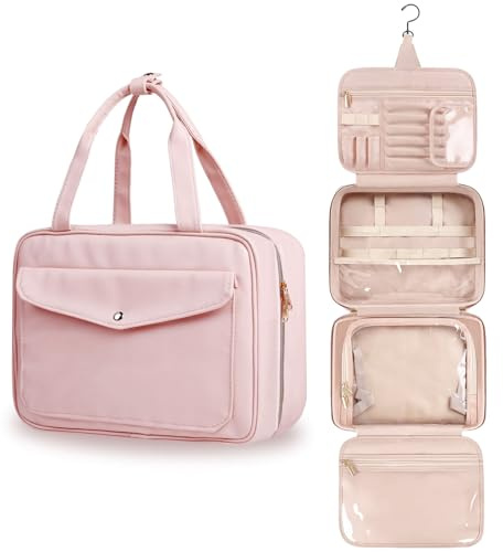 Cyiecweu Neceser Mujer de Pared, Organizador de Maquillaje, Neceser Viaje de Portátil, Bolsa de Aseo Niña, Viajes Accesorios, Bolsa Maquillaje, Toiletry Bag Plegable, 4 Capas Makeup Bag, Rosa