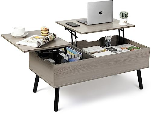 VOWNER Couchtisch, Couchtisch Höhenverstellbar, Auszug, Versenkbarer Wohnzimmertisch, Separates Verstecktes Ablagefach, Doppelte Hubplatte, Sofatisch Beistelltisch, Hellgrau