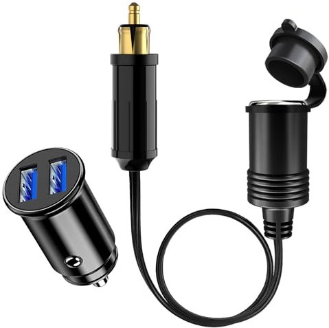 30cm DIN Stecker Zigarettenanzünder Buchse Adapter Wasserdicht, 12V/24V Mini Dual USB Auto Ladegerät Ladebuchse, Hella DIN Stecker auf Zigarettenanzünder Steckdose Verlängerungskabel für Motorrad