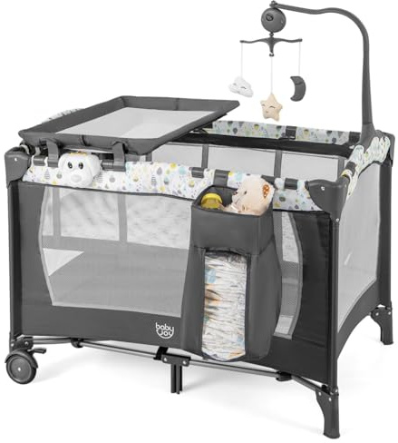 BABY JOY 3 in 1 Pack and Play, Portable Baby Playard with Bassinet, Changing Table, Lockable Wheels, Glowing Music Box, Travel Baby Crib Bassinet Bed from Newborn to Toddler