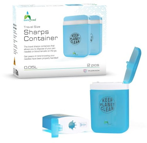 SafeFine Travel Size Sharps Disposal Container for Diabetic Pen Needles, Blood Lancets and Test Strips - Compact Size Sharps Bin for Travel and Daily Personal Use - 2 Pieces Multiple use Pack