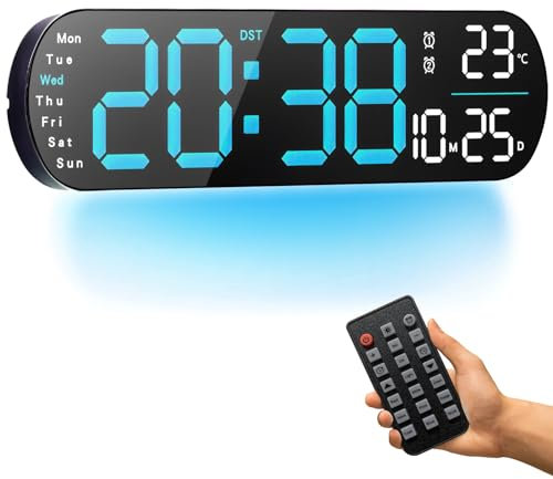 Orologio da parete digitale, 14 grande orologio digitale con telecomando - dimmer automatico/regolabile, 8 luci notturne di colore, 24/12 H orologio da parete per soggiorno Ufficio aula, blu
