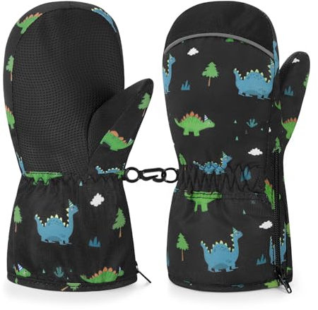 MoKo Dinosaurier Winterhandschuhe & Fäustlinge für Kinder - Winddicht und Wasserdicht, Skihandschuhe für Outdoor Snowboard, Jungen Mädchen von 2-3 Jahren, XS, Schwarz