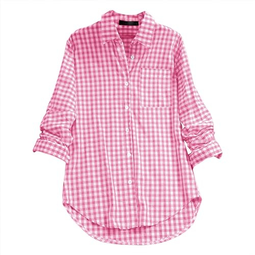 Womens Plaid Shirt Oversized Button Down Shirts Casual Lapel Collar Long Sleeve Blouse Vintage Boyfriend Long Checked Shirts Basic Loose Check Blouses Top with Pocket(Pink,M)