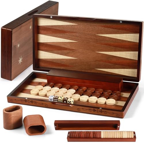 Luxury Handcrafted Wooden Backgammon Set - 16'' Large Folding Travel Board with Oversized Pieces & Storage Box, Premium Two-Player Strategy Game for Adults & Kids - Elegant Portable Gift Set