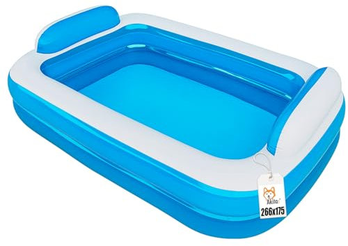 Akitaink Piscina Gonfiabile Family 266x175x50 cm | Con Cuscini Incorporati, PVC Resistente, 2 Anelli, Azzurro Bianco, Per Bambini dai 3 Anni