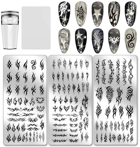 PH PandaHall 3 placas de estampado de uñas estilo tribal con patrón de remolino, plantillas de arte de manicura gótica, plantillas de arte de manicura con llama, mariposa, placa de sello para mujeres