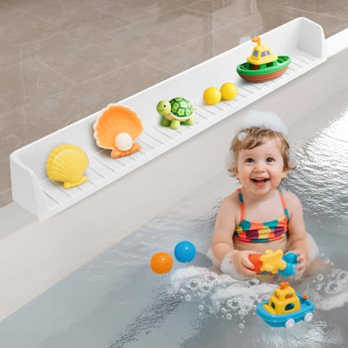 Akrelyan 31.5 Bathtub Splash Guard for Tub Kids, Silicone Splash Shield with 11 Suction Cups, Toy Tray Shelf, No Spill Water Barrier, Prevents Mess, Fun Bathtime for Toddlers Baby–White