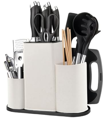 4 in 1 Ceppo Coltelli Vuoto Universale, Ceppi Portacoltelli Vuoti Quadrato, Ceppo Portacoltelli da Cucina con Fessura per Posate, Blocco Porta Coltelli, Supporto Coltello Senza Coltello (Bianco)
