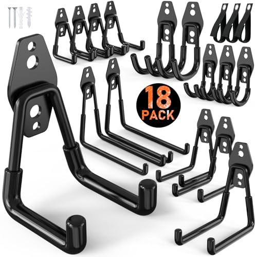 Housolution Ganchos de Acero, 18 Pcs Antideslizante con Revestimiento Antideslizante, Ganchos Pared para Bikes, Herramientas, Escaleras, Mangueras, Cuerdas, Organizador con Enrollador de Cable, Negro