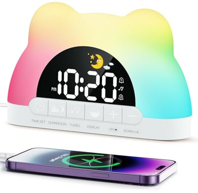 Tafunkun Kids Alarm Clock, Sleep Trainer Digital Clock for Toddlers, OK to Wake Bedside Clock with Sun & Moon, 11 RGB Night Light Colors, Dual Alarms, 10 Sleep Sounds, Type-C Charging, for Girls Boys
