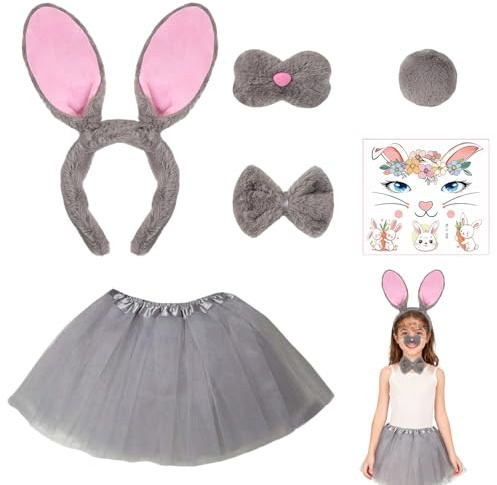 Costume de lapin gris 6 pièces pour fille avec jupe tutu, bandeau à oreilles pliables, nez, nœud papillon, queue et autocollant de tatouage, déguisement de lapin pour Pâques, jour du livre et carnaval