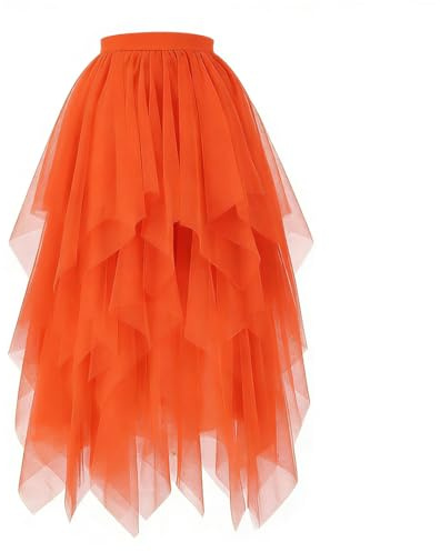 CIYIN Falda Tul Mujer Larga, Irregular Bajo la Falda en Capas (FR/ES, Letras, L, Regular, Regular, Naranja)
