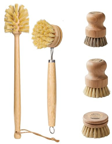 5 st Bambu-Diskborstar, Naturborst, Ateranvändbara | med Diskborste i trä, 14’’ Flaskborste, Reservhuvuden, Diskborste*2 för Porslin, Kastruller, Stekpannor, Diskhoar, Wokpannor